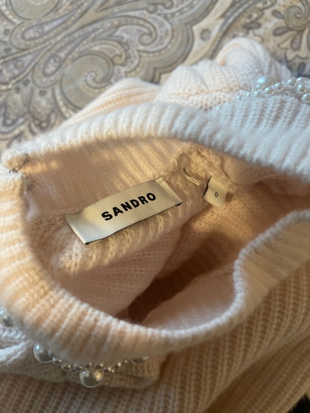 Sandro Cream Knit Turtleneck Sweater with Jeweled Collar - Picture 9 of 9